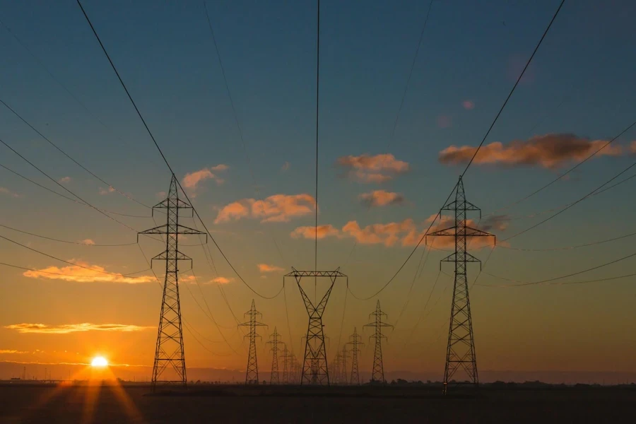 Sunset behind power lines