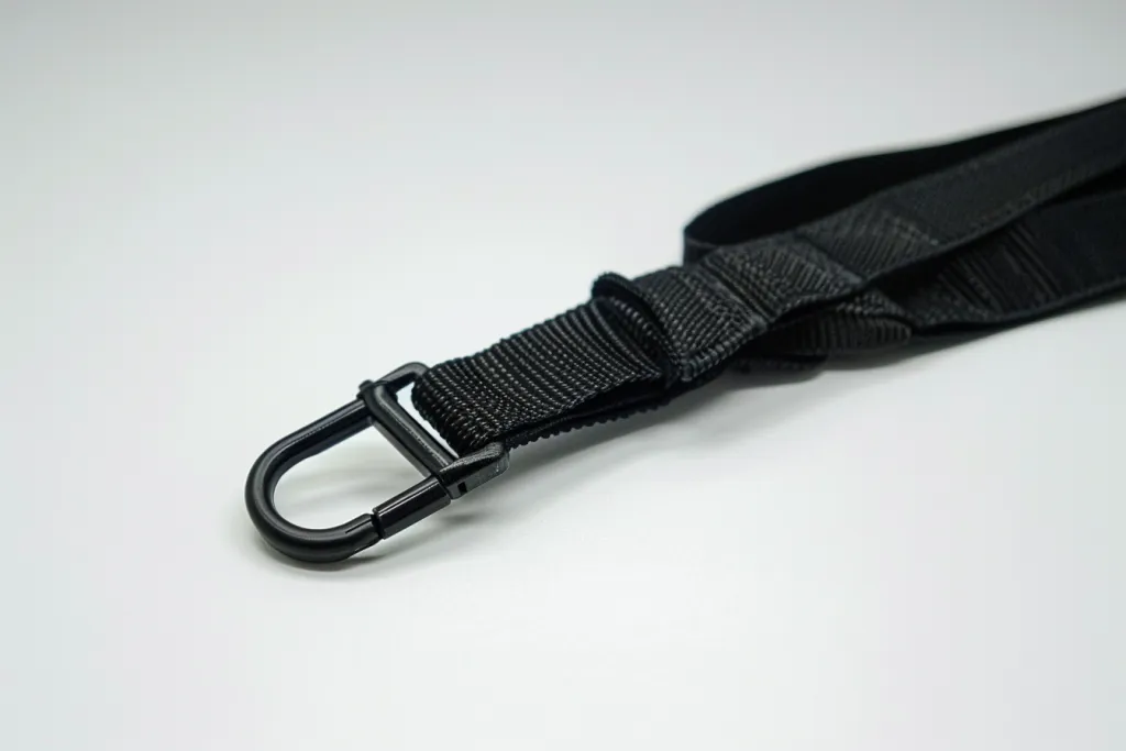 The black rumbling strap with j clip and y shaped hook is made from premium fabric