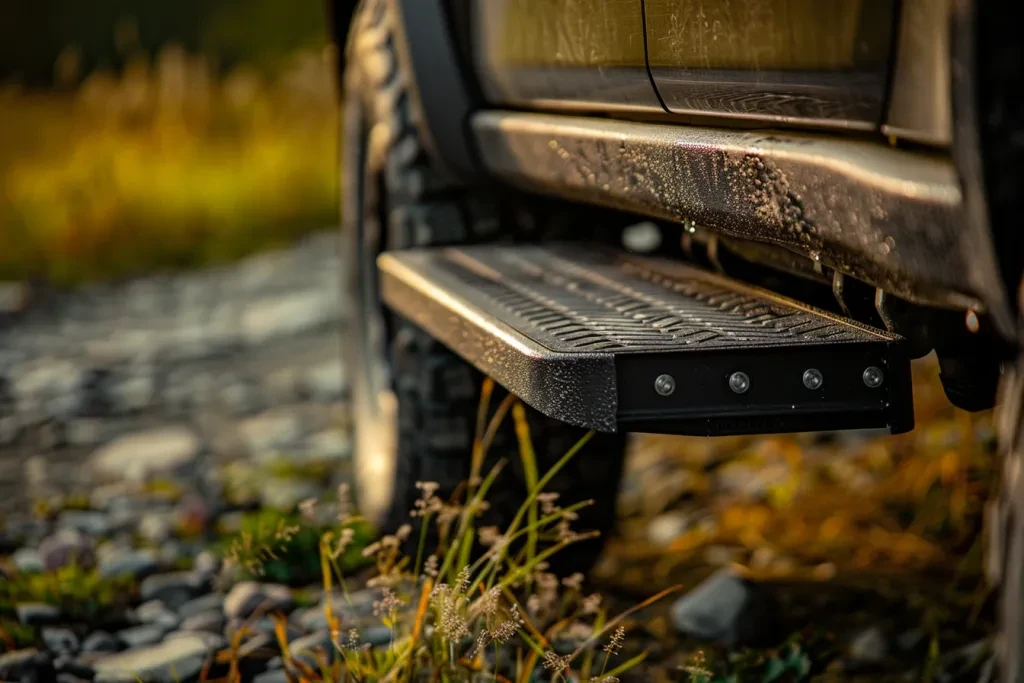 The black stepped stair running board is mounted on the side of an electric truck