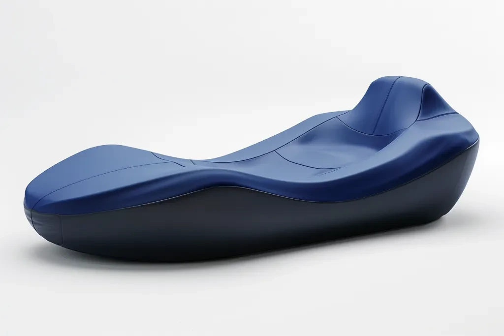 The blue seat cover is made from rubber and has an organic shape