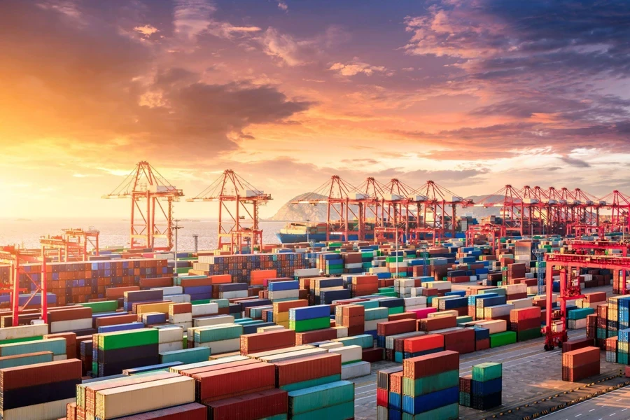 The busy container port and natural scenery in Shanghai