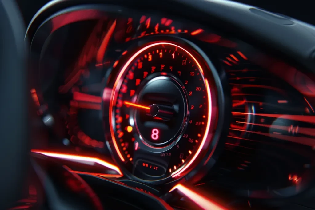 The car's digital dashboard is visible in the foreground