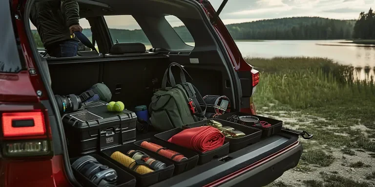 The color scheme includes dark red for the vehicle body and black interior
