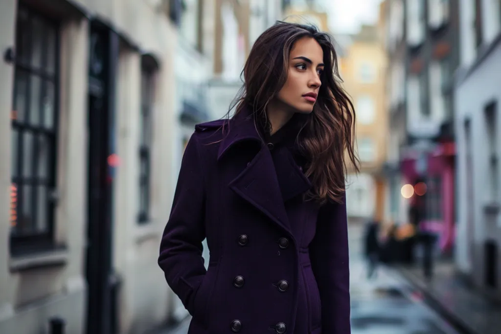 The dark purple cashmere peacoat with double button shoulder