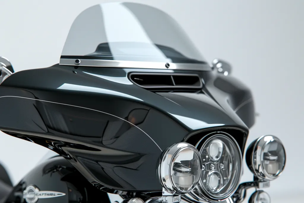 The front of the motorcycle has a black tinted windshield visibility screen