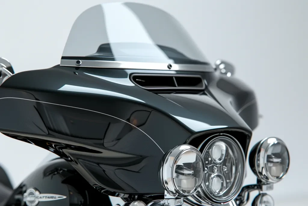 The front of the motorcycle has a black tinted windshield visibility screen