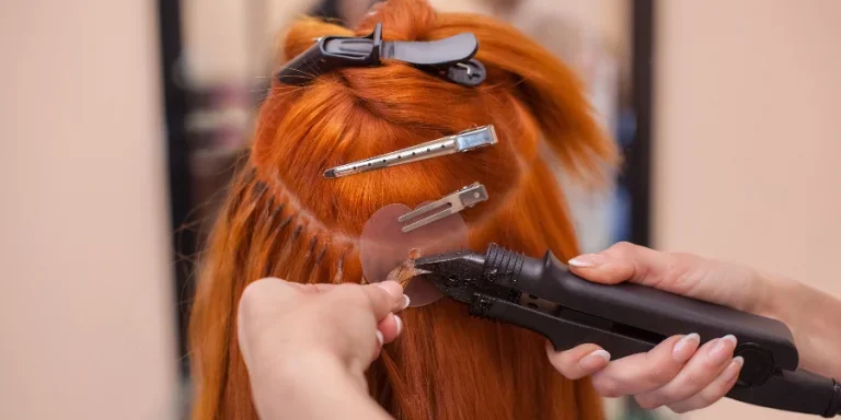 The hairdresser does hair extensions to a young, red-haired girl, in a beauty salon