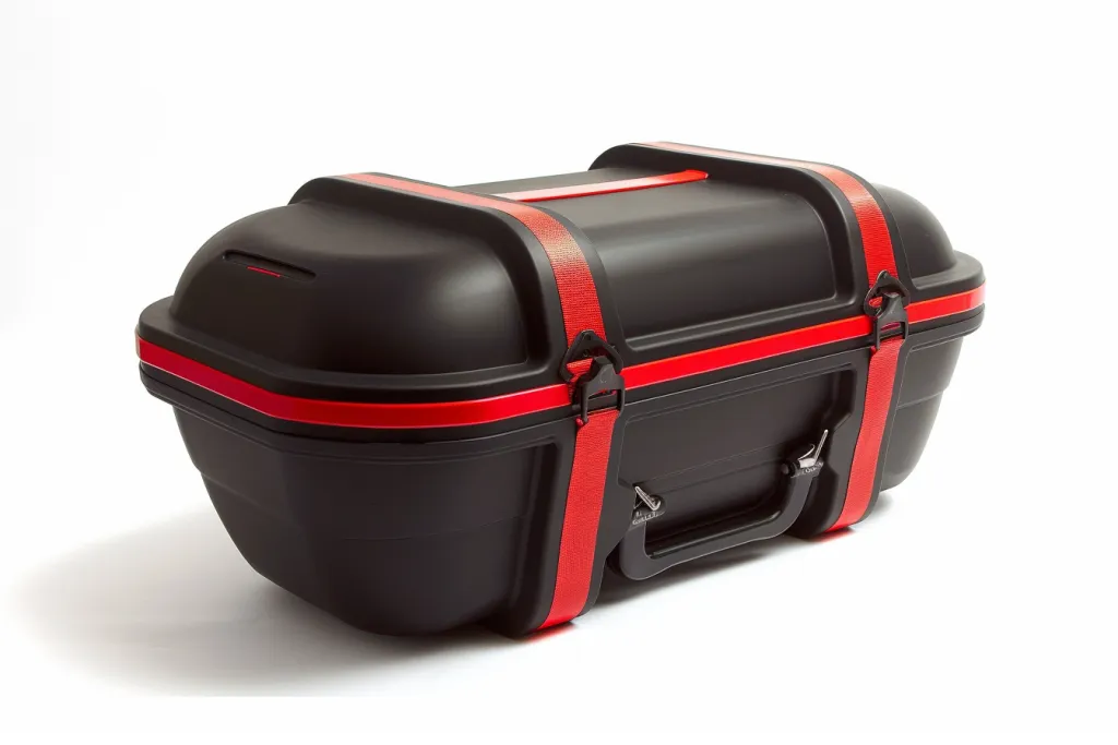 The large black plastic motorcycle trunk box with red accent