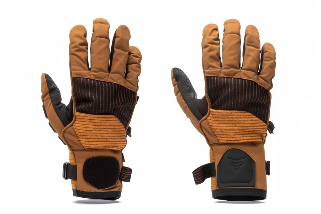 The long brown winter gloves with palm are made of waterproof fabric