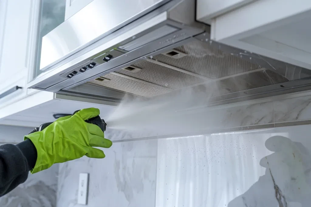 The person is using the steam cleaning tool to clean under and around the cabinets