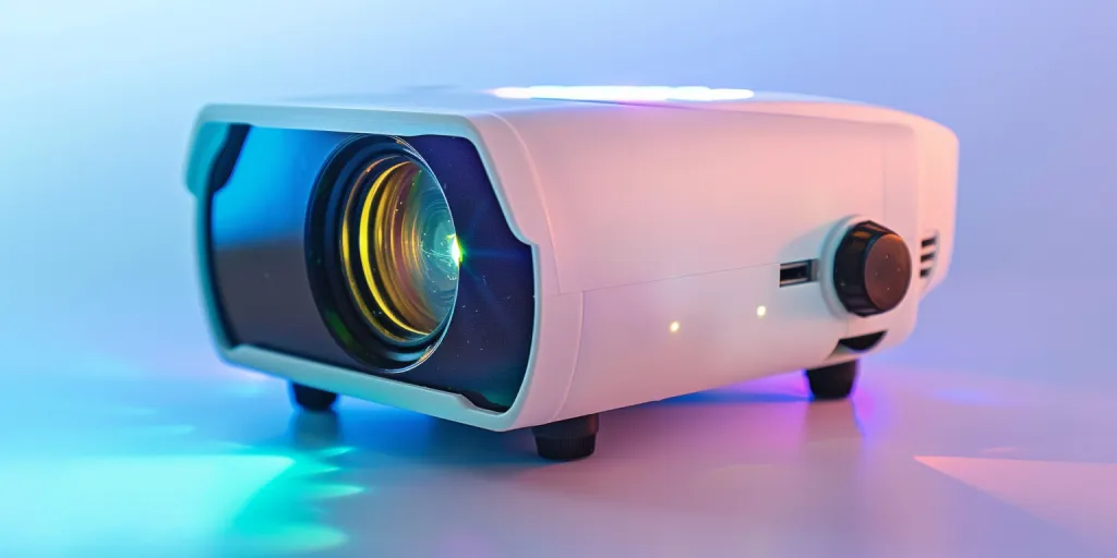 The projector is white and has an LED light with the lens facing left and right