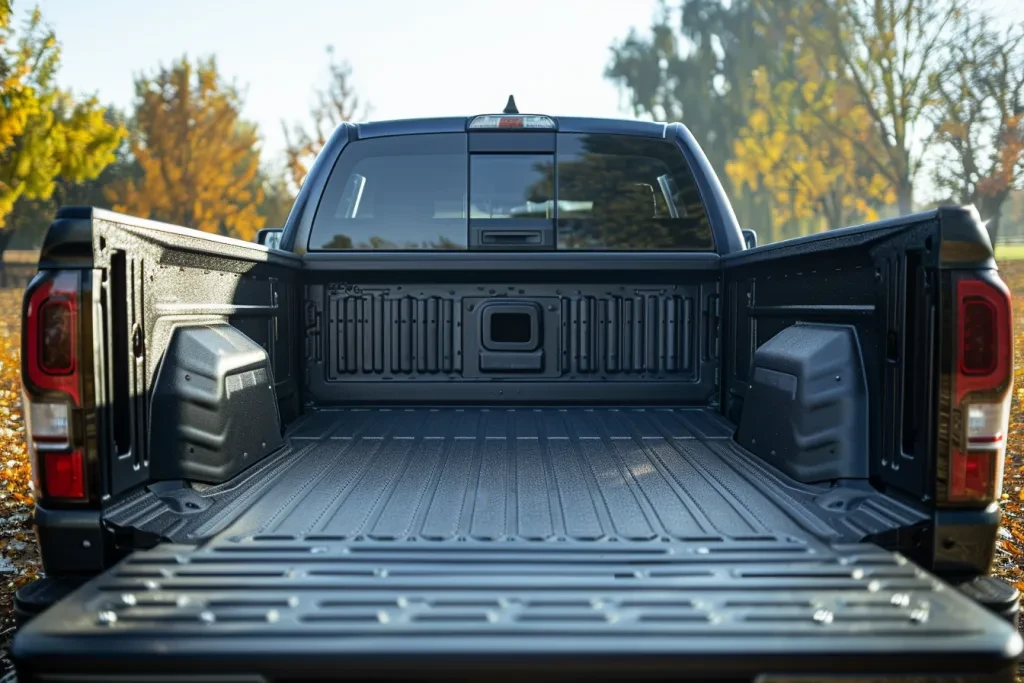 The rear view shows that there's an open tailgate