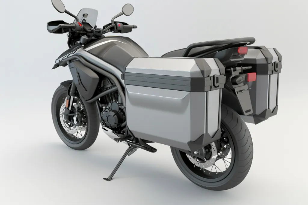The side box of the motorcycle is made in gray and black colors