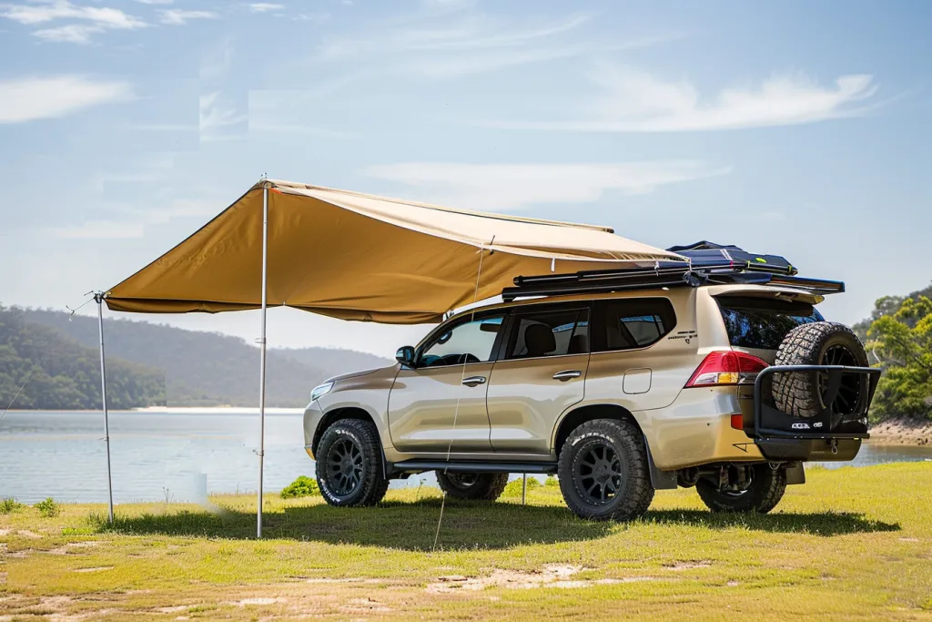 The tent of beige color covers part or all parts of the SUV's roof