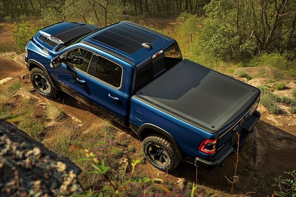 The truck bed cover is closed on the blue