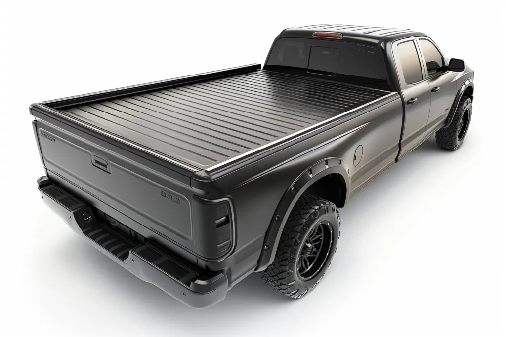 The truck bed cover is made of black matte aluminum and has two side