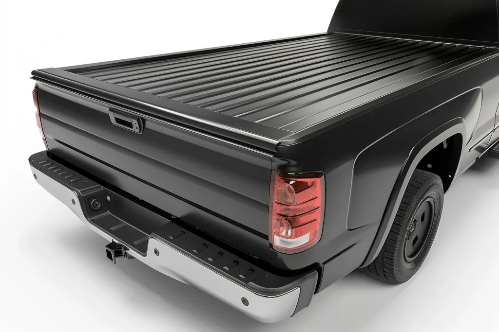 The truck bed cover is made of black matte aluminum