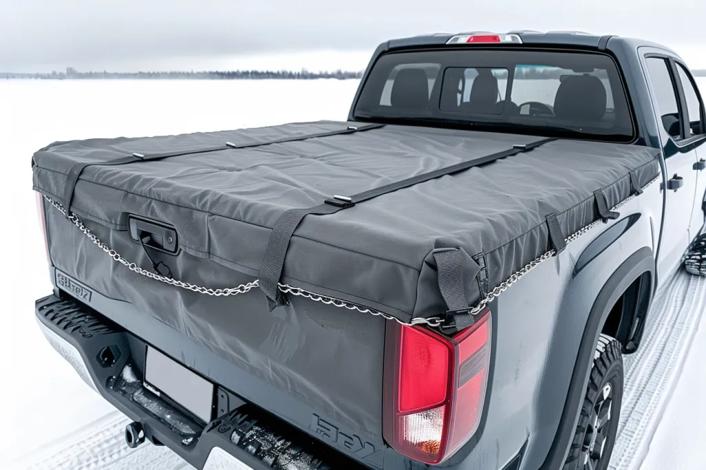 The truck bed cover is made of gray fabric