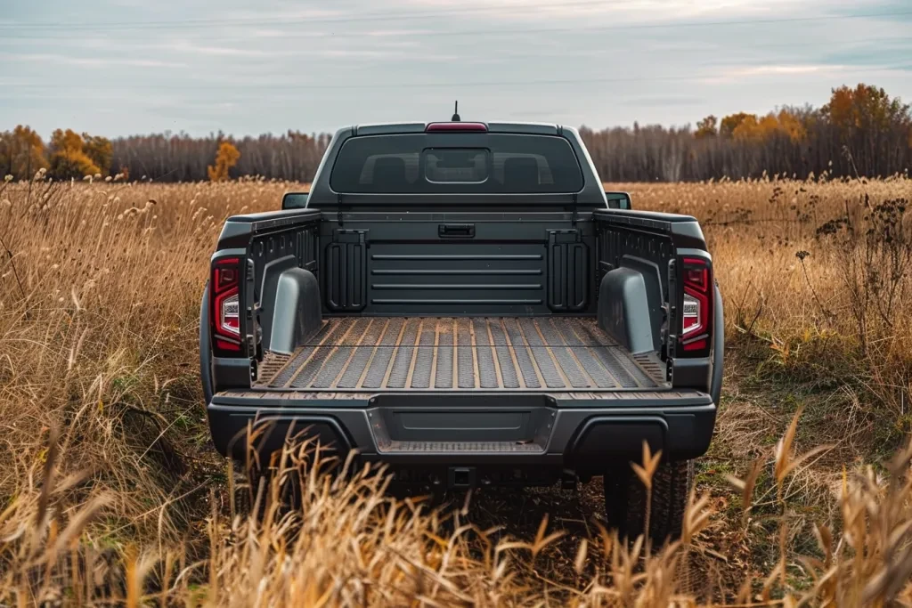 The truck bed of the black pick up is empty and has no cargo