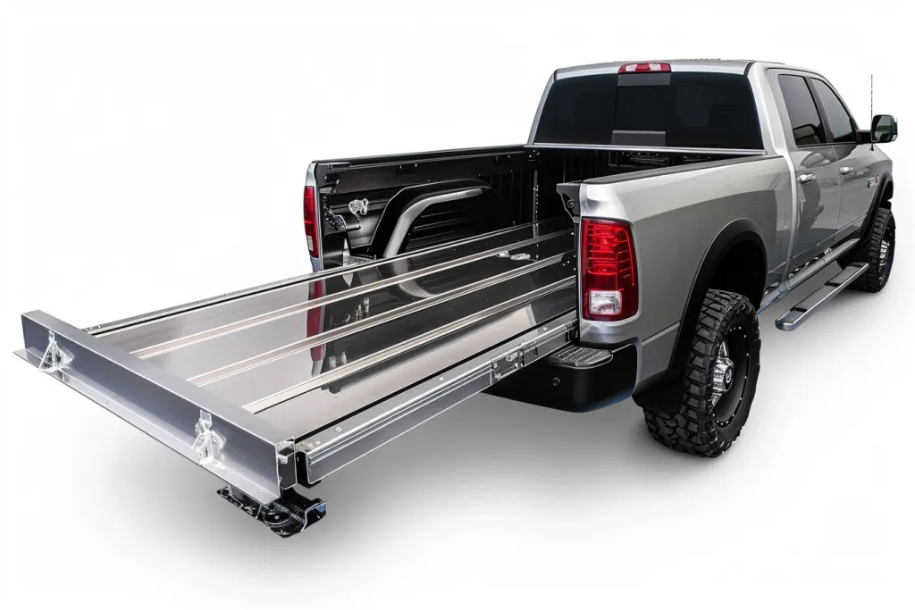 The truck bed slide out is open and has an extra long stainless steel cargo box 