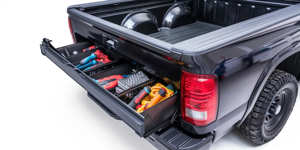 The truck bed storage box is made of black plastic and can be used to store various items such as tools