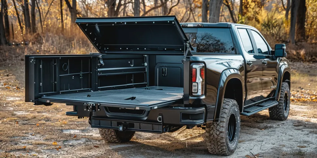 The truck bed storage box is made of black plastic