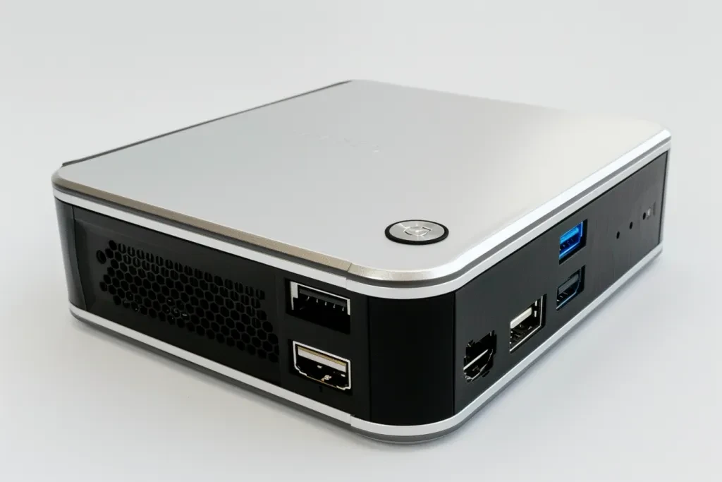 The white and silver mini pc with the black front panel is shown on top of it