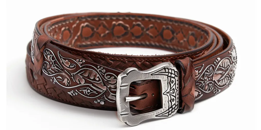 This brown western belt features tooled leather with floral and geometric patterns