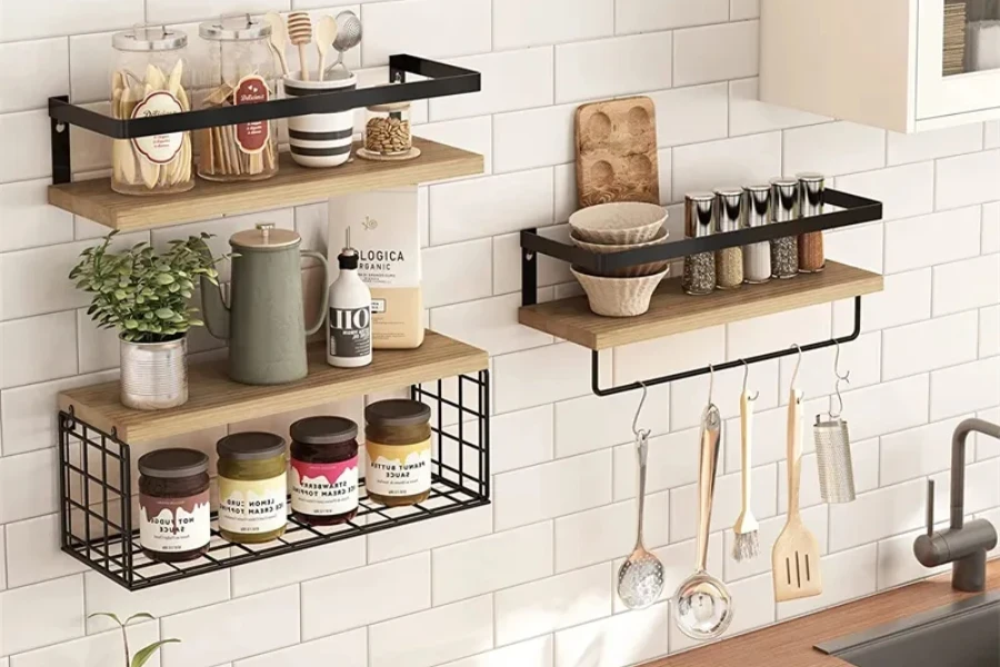 Three different wood and metal floating shelves in the kitchen