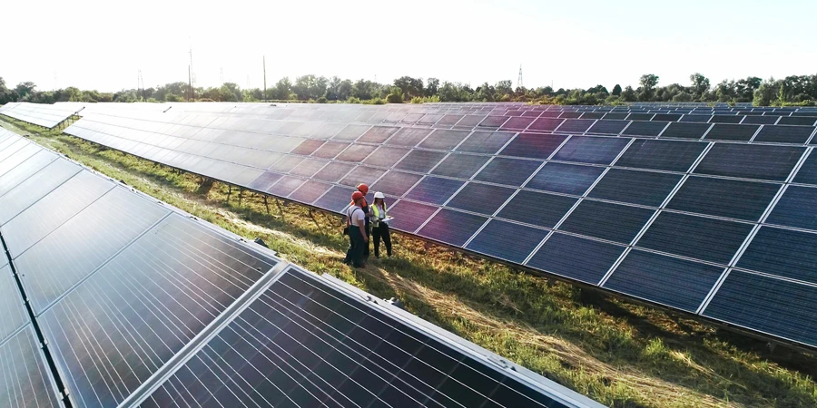 Three solar energy specialists walking at a solar power facility
