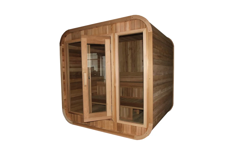 Traditional cube-shaped solid wood and glass sauna