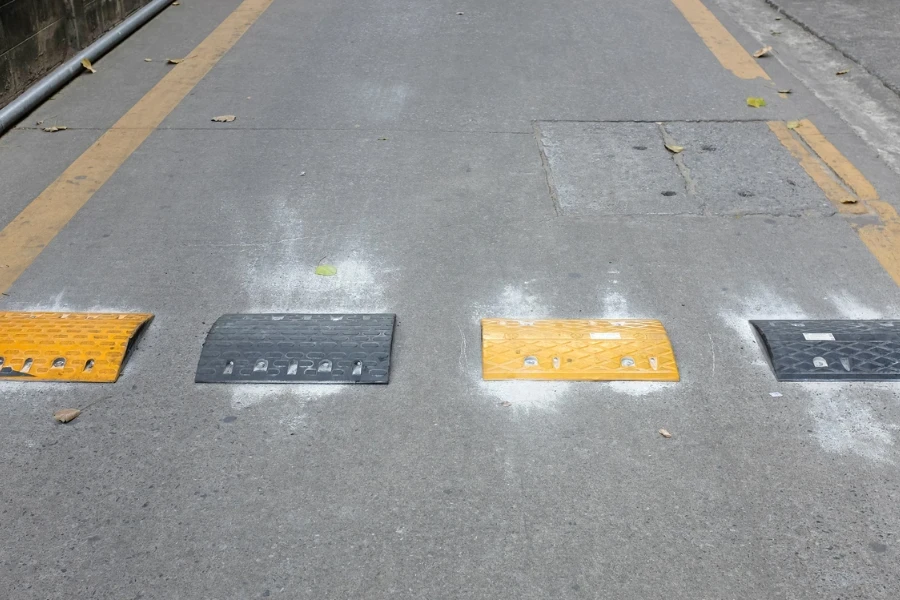 Traffic safety speed bump on an asphalt road