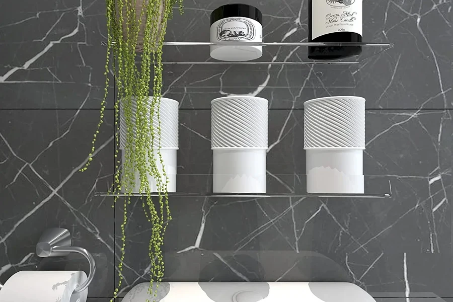 Transparent shelves for the toilet with no-drill installation option