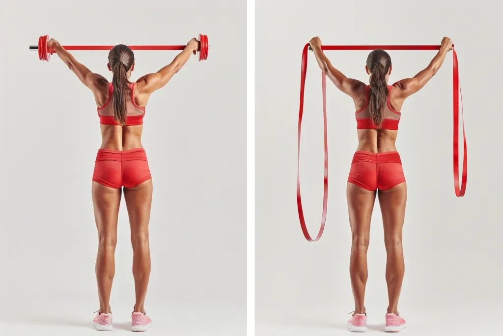 Two images show an American woman doing a pullup with her arms