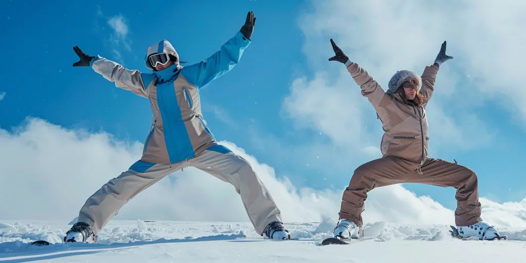 Two people doing yoga on the snow
