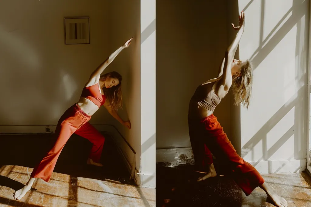 Two photos of the same woman doing stretching exercises