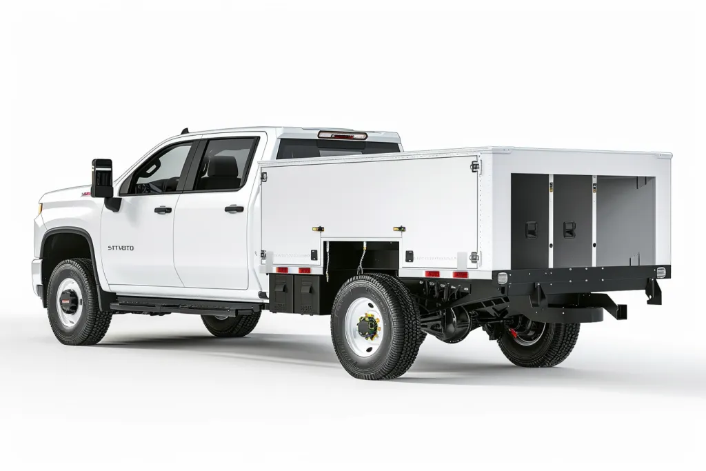 White Silverado HD truck with white service body