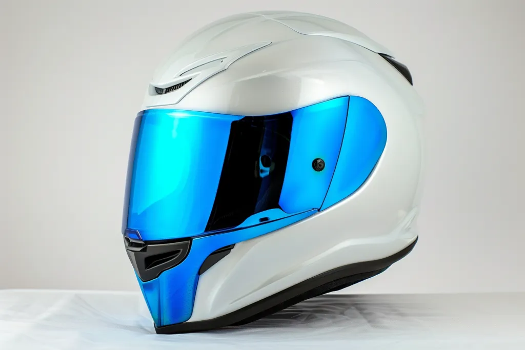 White matte motorcycle helmet with blue mirror lens
