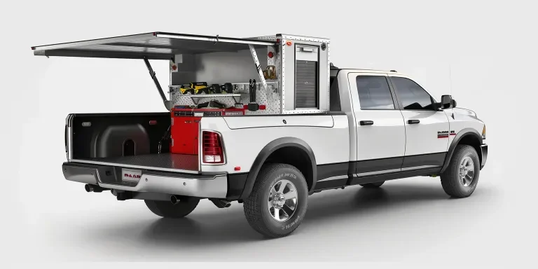 White ram truck with trailer on white background
