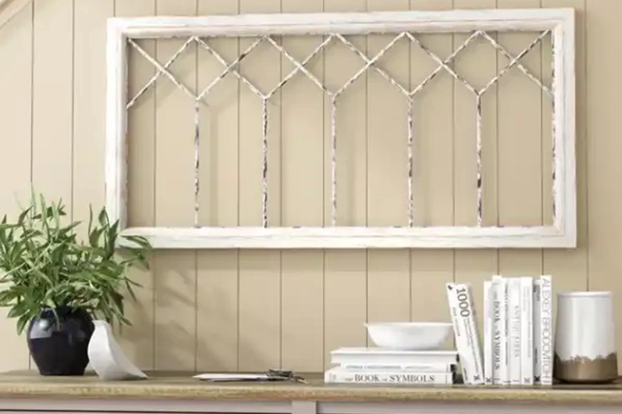 Whitewashed wooden window frame wall hangings with metal detail