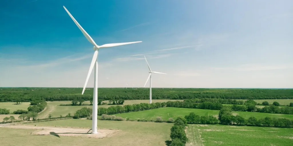 Wind turbines installed in a verdant landscape