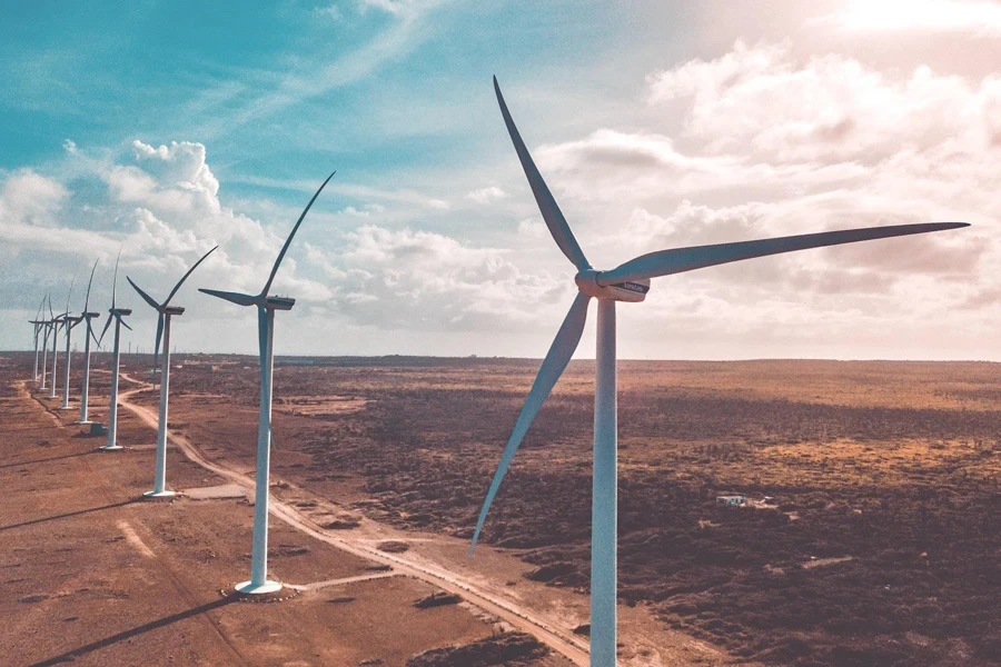 Wind turbines installed in line on a wind farm