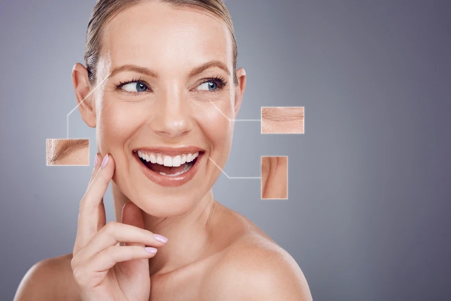 Woman, face and closeup of wrinkles