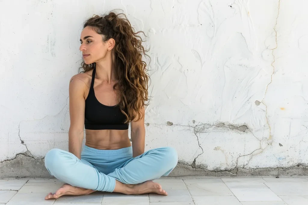 Woman in blue capri pants and black top doing wall squats