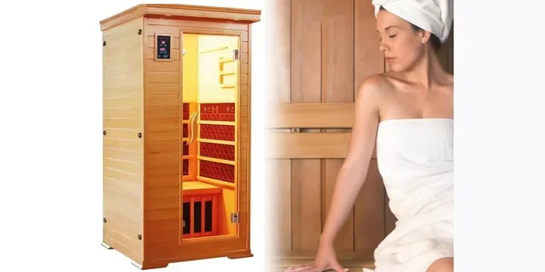 Woman in red cedar infrared sauna room