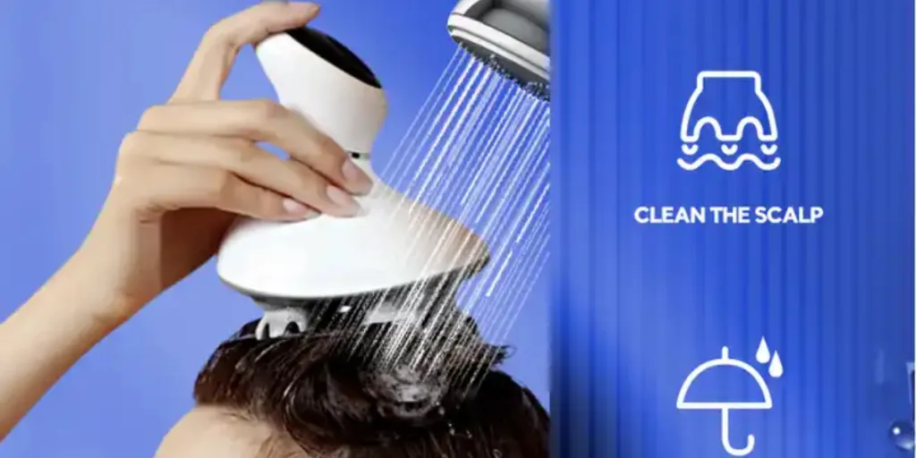 Woman in shower using an electric waterproof scalp massager