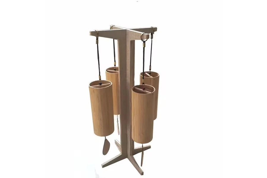Wood and metal wind chimes on a stand