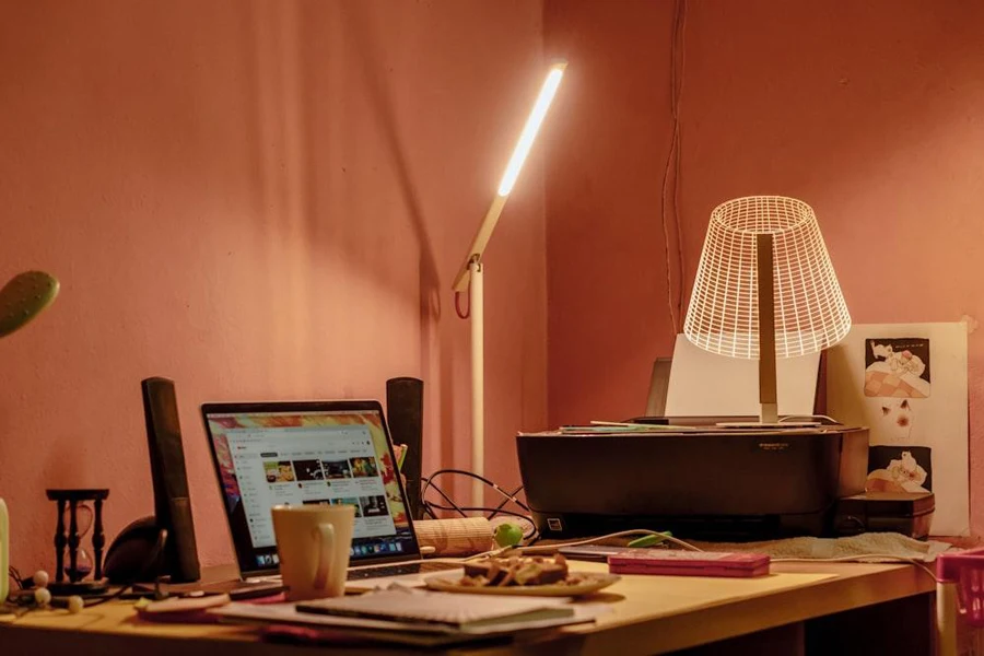 Workspace with slim white LED task lamp