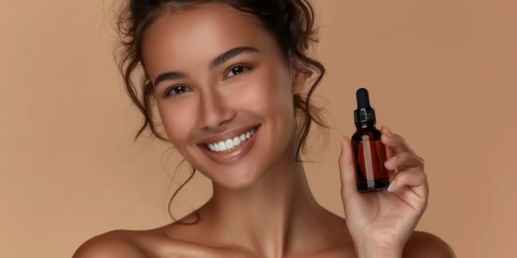 a beautiful woman smiling holding an dropper bottle of serum