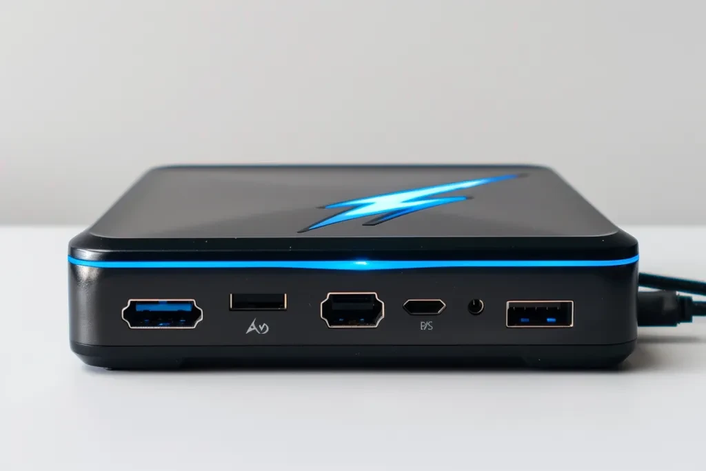 a black mini pc with two blue and one white lightning logo on the front